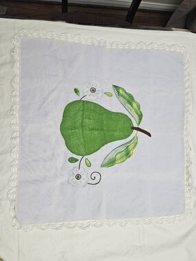 Hand-Embroidered Pear Motif Linen Square